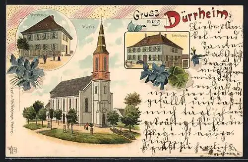 Lithographie Dürrheim, Schulhaus, Kirche, Pfarrhaus