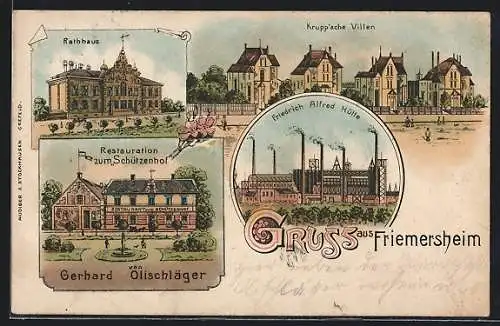 Lithographie Friemersheim, Rathaus, Kruppsche Villen, Restauration zum Schützenhof von Gerhard Olischläger