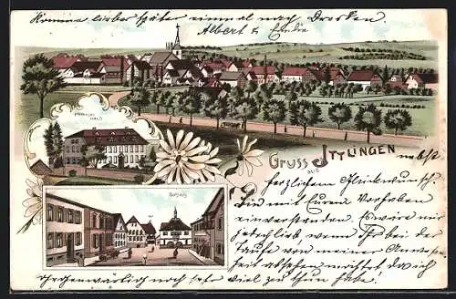 Lithographie Ittlingen, Ortsansicht mit Landstrasse, Hahnsches Haus, Strassenpartie mit Rathaus