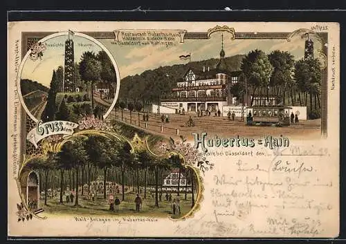Lithographie Rath bei Düsseldorf, Restaurant Hubertus-Hain mit Strassenbahn, Aussichtsturm und Waldanlagen