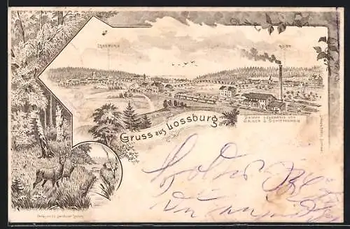 Lithographie Lossburg, Dampf-Sägewerk von Gaiser & Schittenhelm, Panorama