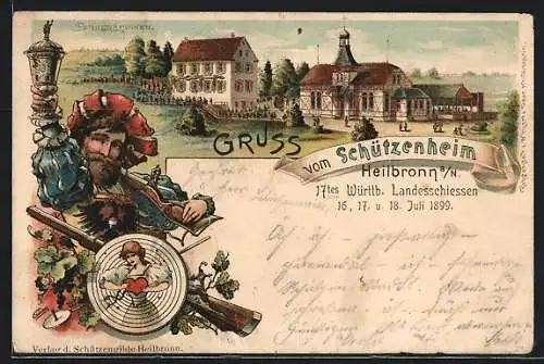 Lithographie Heilbronn a. N., 17. Württb. Landesschiessen 1899, Schützenheim, Gasthaus Sonnenbrunnen