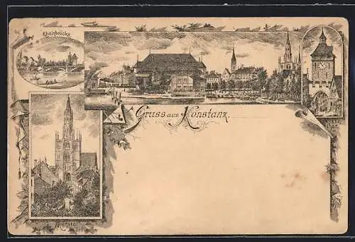 Lithographie Konstanz, Schnetzthor, Rheinbrücke, Münster