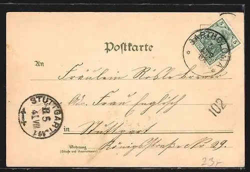 Lithographie Bartholomä, Ortsansicht, Gasthaus zur Krone, kath. und evang. Kirche