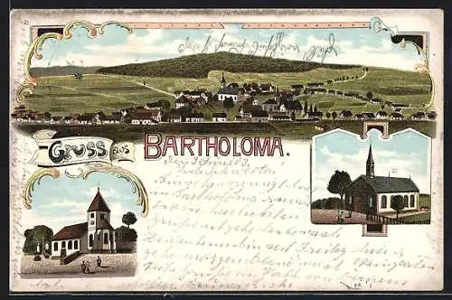 Lithographie Bartholomä, Kirchen, Ortsansicht mit Umgebung