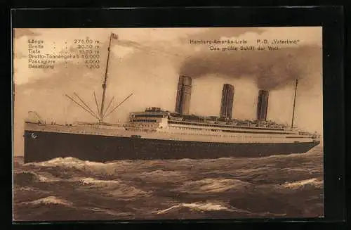 AK Hamburg-Amerika-Linie, Post-Dampfer Vaterland, Passagierschiff