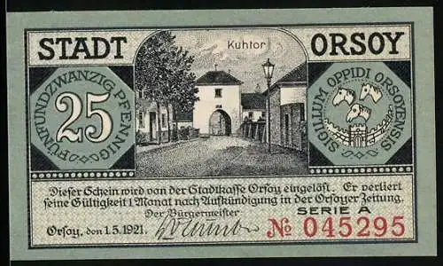 Notgeld Orsoy am Niederrhein 1921, 25 Pfennig, Kuhtor und Flusspartie