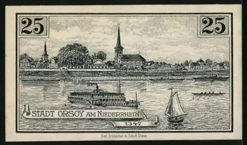 Notgeld Orsoy am Niederrhein 1921, 25 Pfennig, Kuhtor und Flusspartie