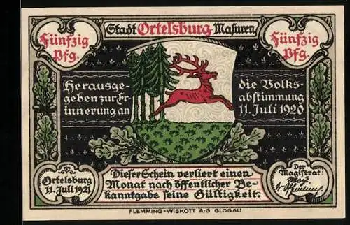 Notgeld Ortelsburg /Masuren 1920, 50 Pfennig, Wappen und Stadtansicht
