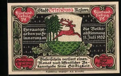 Notgeld Ortelsburg /Masuren 1920, 75 Pfennig, Stadtansicht und Wappen