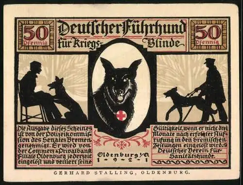 Notgeld Oldenburg 1921, 50 Pfennig, Führhunde für Kriegsblinde