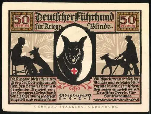 Notgeld Oldenburg 1921, 50 Pfennig, Führhunde für Kriegsblinde