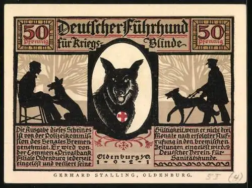 Notgeld Oldenburg 1921, 50 Pfennig, Führhunde für Kriegsblinde