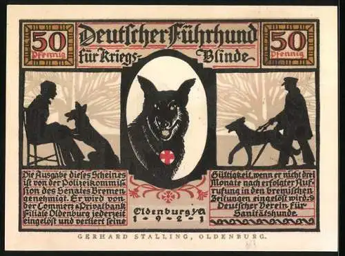 Notgeld Oldenburg 1921, 50 Pfennig, Kriegsverwundete mit Blindenhunden