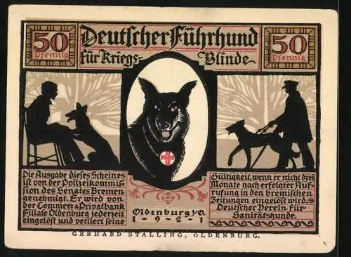 Notgeld Oldenburg 1921, 50 Pfennig, Blindenhunden für Kriegsverwundete