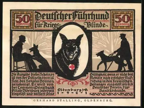 Notgeld Oldenburg 1921, 50 Pfennig, Deutscher Führhund für Kriegsblinde