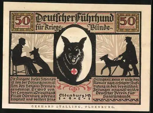 Notgeld Oldenburg 1921, 50 Pfennig, Deutscher Führhund für Kriegsblinde