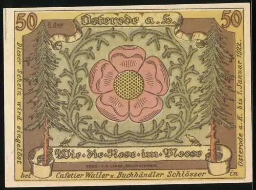 Notgeld Osterode a. H. 1922, 50 Pfennig, Rose und historische Figuren