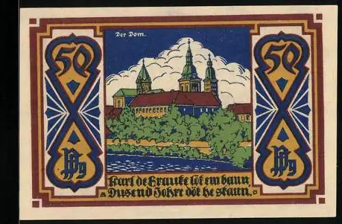 Notgeld Osnabrück 1921, 50 Pfennig, Wappen und Blick auf den Dom