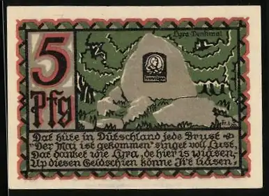 Notgeld Osnabrück 1921, 5 Pfennig, Wappen und Lyra-Denkmal