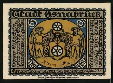 Notgeld Osnabrück 1921, 5 Pfennig, Wappen und Lyra-Denkmal