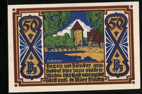 Notgeld Osnabrück 1921, 50 Pfennig, Wappen und der Bocksturm