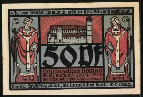 Notgeld Paulinzella 1922, 50 Pfennig, Die Sonne scheint in die Klosterruine