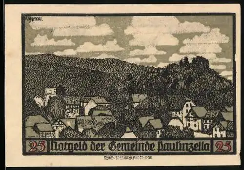 Notgeld Paulinzella 1922, 25 Pfennig, Auerhahn und Ortsansicht