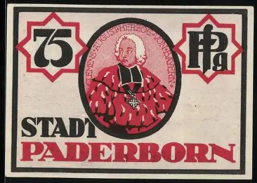 Notgeld Paderborn 1921, 75 Pfennig, Clemens August Herzog von Bayern und Denkmal