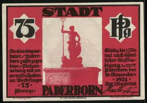 Notgeld Paderborn 1921, 75 Pfennig, Clemens August Herzog von Bayern und Denkmal