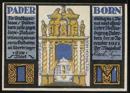 Notgeld Paderborn 1921, 1 Mark, Dietrich Adolf Freiherr von der Reck und Dom-Hochaltar