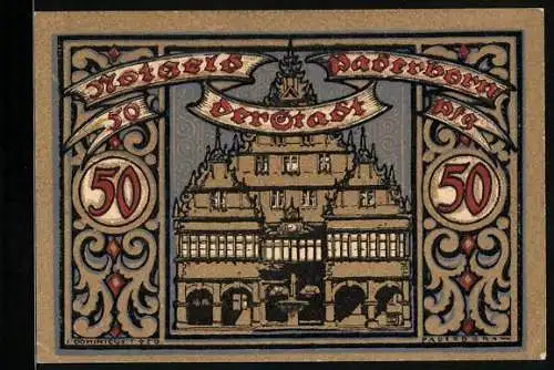 Notgeld Paderborn 1921, 50 Pfennig, Rathaus und Wappen