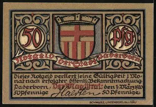 Notgeld Paderborn 1921, 50 Pfennig, Rathaus und Wappen