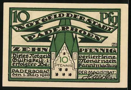 Notgeld Paderborn 1920, 10 Pfennig, Kaiser Karl der Grosse