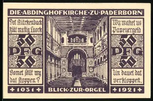 Notgeld Paderborn 1921, 50 Pfennig, Orgel in der Abdinghofkirche