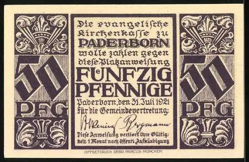 Notgeld Paderborn 1921, 50 Pfennig, Orgel in der Abdinghofkirche