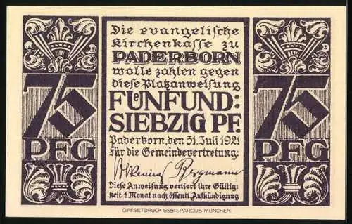 Notgeld Paderborn 1921, 75 Pfennig, Westansicht der Abdinghofkirche