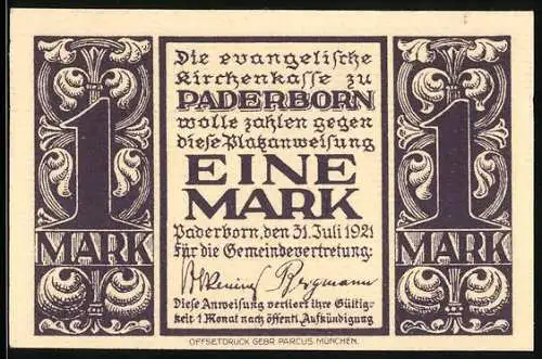 Notgeld Paderborn 1921, 1 Mark, Abdinghofkirche mit Blick zum Altar