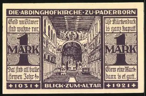 Notgeld Paderborn 1921, 1 Mark, Abdinghofkirche mit Blick zum Altar