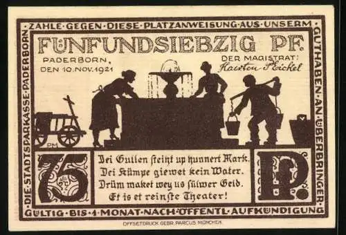 Notgeld Paderborn 1921, 75 Pfennig, Paterskirche und Brunnen