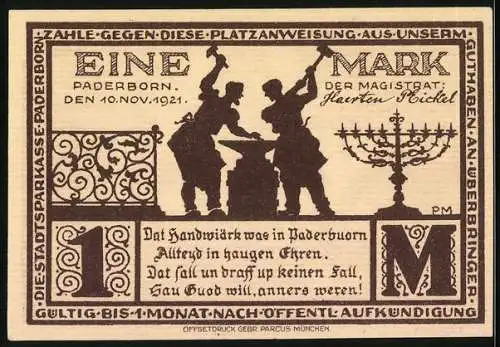 Notgeld Paderborn 1921, 1 Mark, Schmiede am Amboss