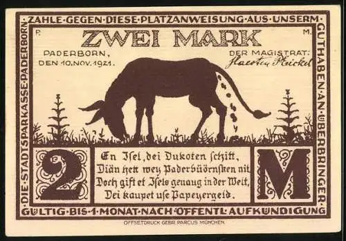 Notgeld Paderborn 1921, 2 Mark, Strassenpartie und Esel