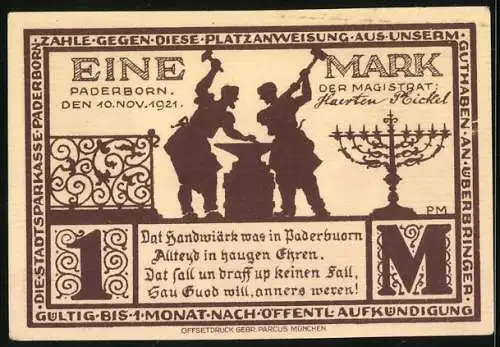 Notgeld Paderborn 1921, 1 Mark, Kirchturm und Schmiede bei der Arbeit