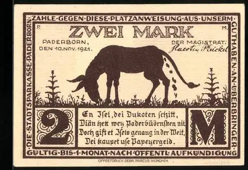 Notgeld Paderborn 1921, 2 Mark, Eselgasse und Esel auf der Weide