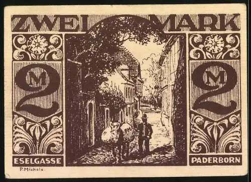 Notgeld Paderborn 1921, 2 Mark, Esel in der Eselgasse