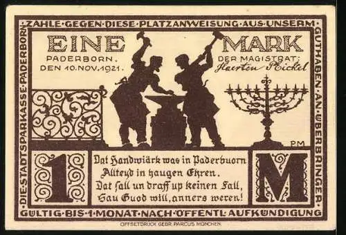 Notgeld Paderborn 1921, 1 Mark, Schmiede am Amboss