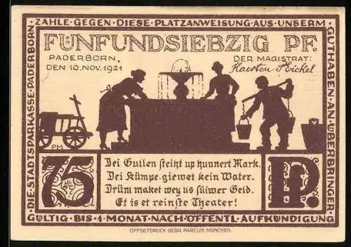 Notgeld Paderborn 1921, 75 Pfennig, Paterskirche und Brunnen