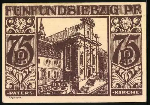 Notgeld Paderborn 1921, 75 Pfennig, Paterskirche und Brunnen