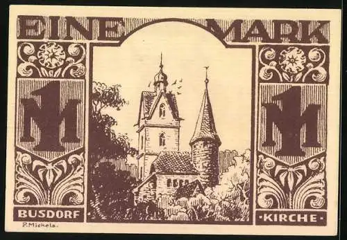 Notgeld Paderborn 1921, 1 Mark, Schmiede und Kirchturm