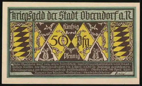 Notgeld Oberndorf a. N. 1918, 50 Pfennig, Gewehre an Baum gelehnt